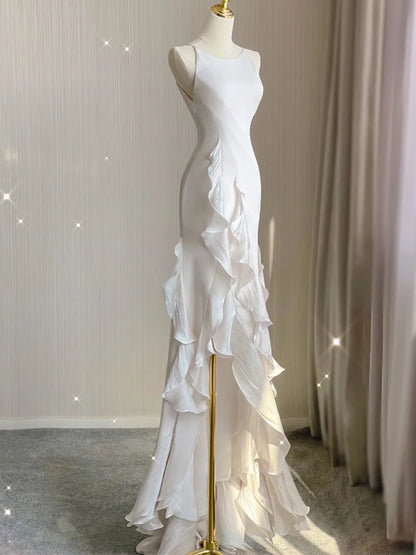 binfenxie Elegant White Round Neck Slim Fit Sleeveless Women Wedding Dress Evening Party Gown with Ruffles Vestidos De Novia