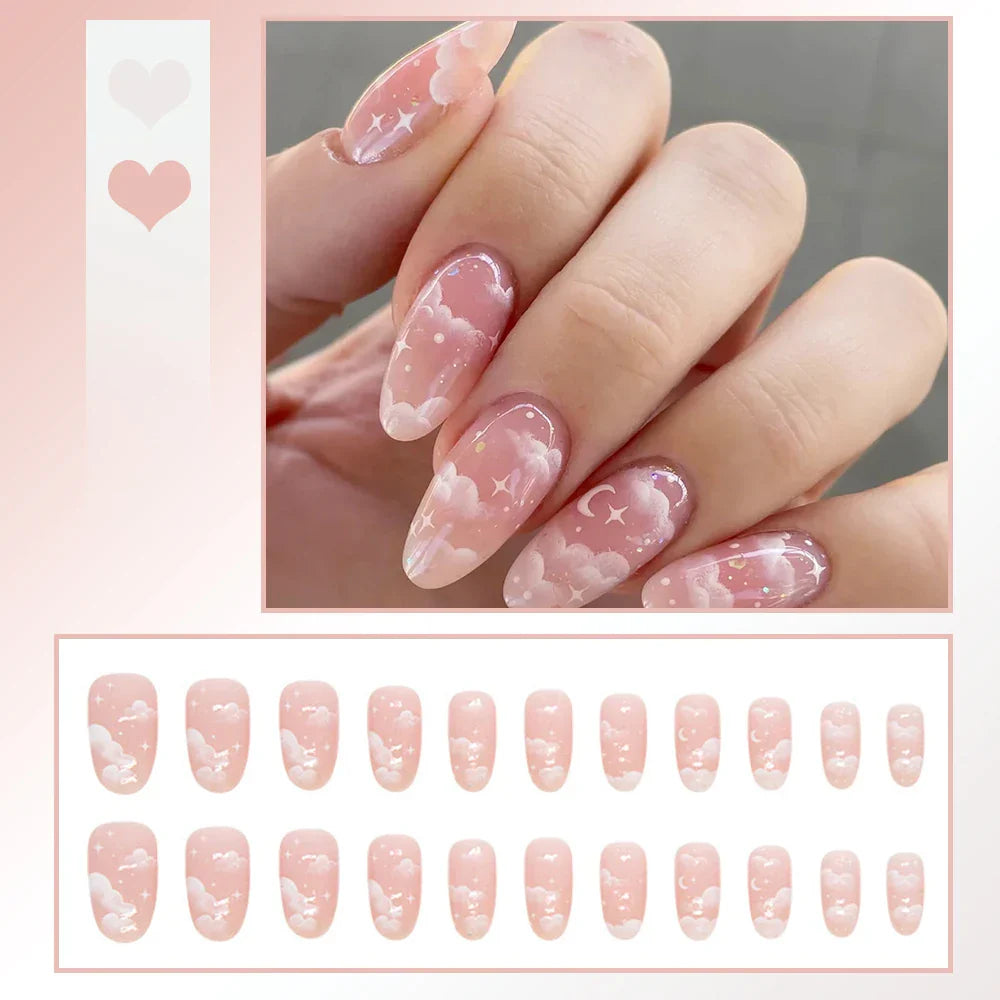 binfenxie 24pcs/box Fake Nails Press on Reusable with Designs Set French Artificial Aurora Diamond False Tipsy Stick-on Nails Tips Art