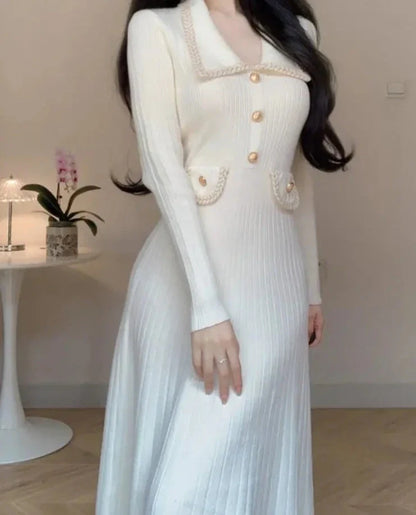 Autumn Winter Long Sleeve Knitting Midi Dress Women Fashion Turn Down Collar Button Sweater Clothes Female Soft Ribbed Jumper