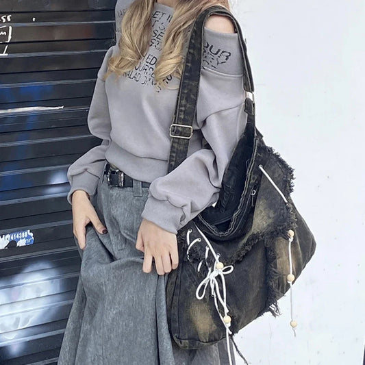 binfenxie Y2K Korean Harajuku Gothic Hobo Denim Bag Aesthetic Vintage Purses WomenHandbag Crossbody Messenger Tote Peddler Shoulder Bags