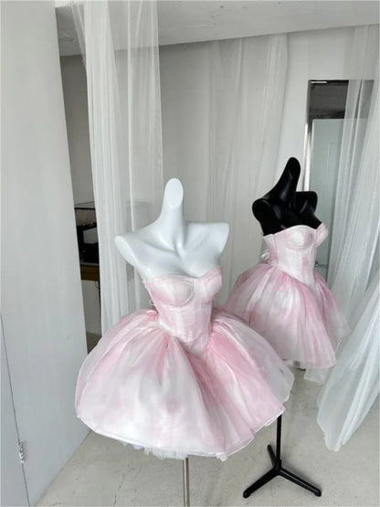 binfenxie Women Chic Pink Asymmetrical Dress Vintage Summer Mini Birthday Female Ruffles PartyLady Holiday Puff Dress