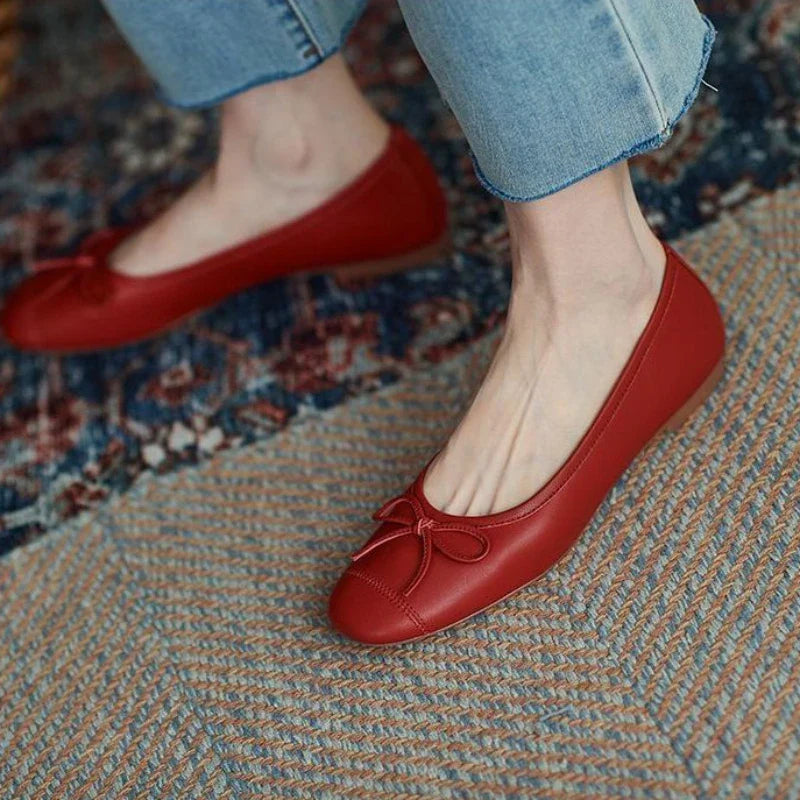 Women's Summer Footwear with Bow Red Shoes for Woman Round Toe Flat Flats Normal Leather Casual