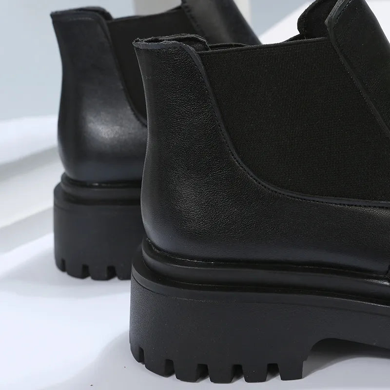 Chunky Pu Leather Chelsea Boots for Women Fashion Slip On Platform Ankle Booties Woman Black Thick Bottom Short Boots