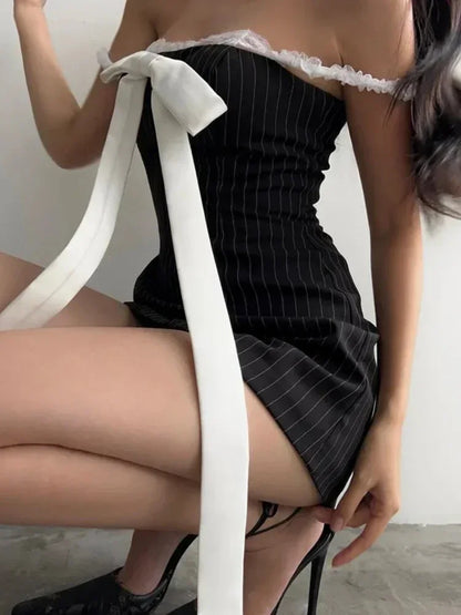 Off Shoulder Stripe Dress Women Lace Bow Patchwork Vintage Elegant Slim Backless Sexy Mini Dress Evening Party Club