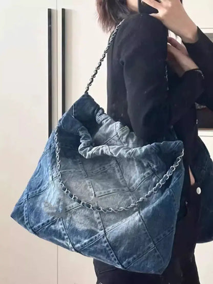 binfenxie Y2k Grunge Denim Tote Bag Women Vintage Casual Large Capacity Handbag Purse Female Retro Harajuku Aesthetic Shoulder Bag