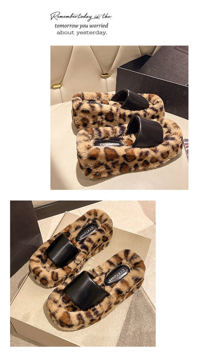 Shoes Slippers Flat Platform Women Heels Fur Flip Flops Slides On A Wedge Pantofle High Plush Soft 2022 Leopard Rome PU Fabric l