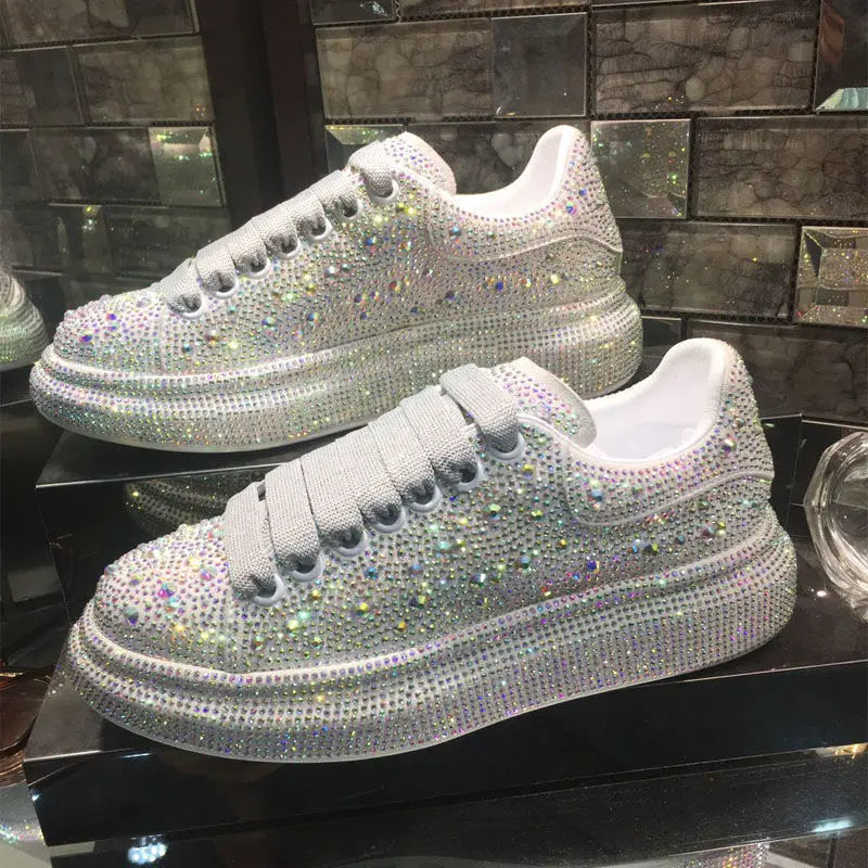 New Women Platform Shoes crystal Thick-soled White Silver Shoes Shining Crystal Sneakers Trend Casual Sneakers