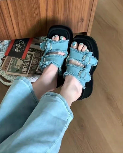 binfenxie Designer Summer Denim Woman Slippers Fashion Open Toe Platform Flats Slides Shoes Outdoor Dress Sandalias