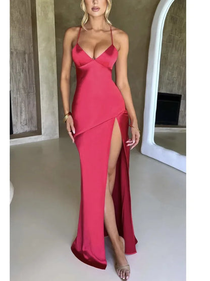 Sexy Strapless Satin Maxi Dress Women Open Back High Slit Slim Dress Women Spring Summer Elegant Party Club Vestidos