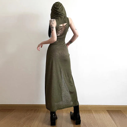 binfenxie Cyber Gothic Desert Walker Hooded Dresses Y2k Punk Grunge Hollow Out Midi Dress Women Sexy Split Side Solid Streetwear