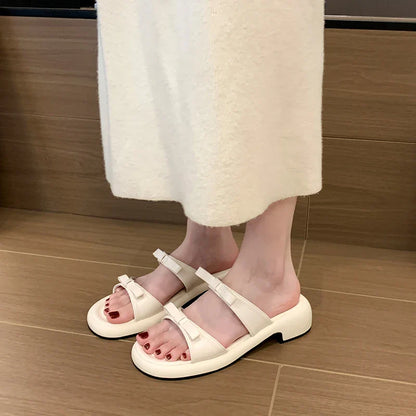 New Fashion Straps Summer Beach Shoes 4.5cm Square Heels Slippers Women Sweet Bow  Outside Summer Sandals Shoe Slides