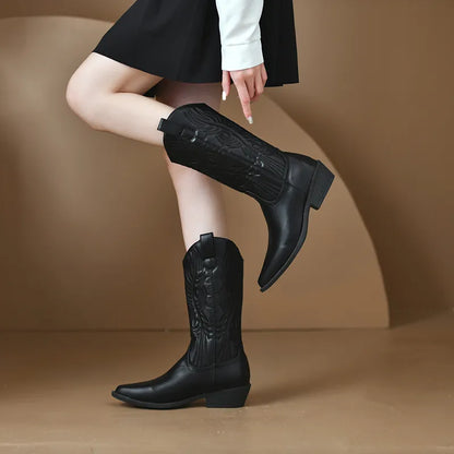 Black Square Heels Mid Calf Boots Women Pu Leather Pointed Toe Cowgirl Boots Woman Retro Embroidery Western Booties Mujer 41