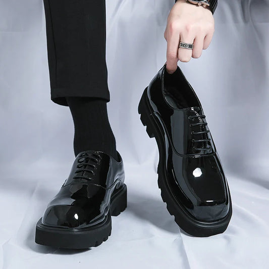 Men Japan Karajuku Korean Style Fashion Streetwear Thick Platform Casual Patent Leather Shoes Male Lace Up Dress Leather Shoes