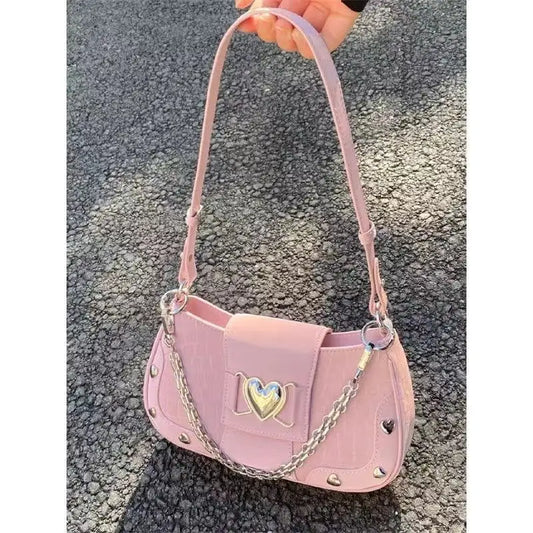 binfenxie Hot Grils Y2k Handbag Women Vintage Sweet Cool Heart Chain Pink Underarm Bag Female Fairycore Aesthetic Shoulder Bag new