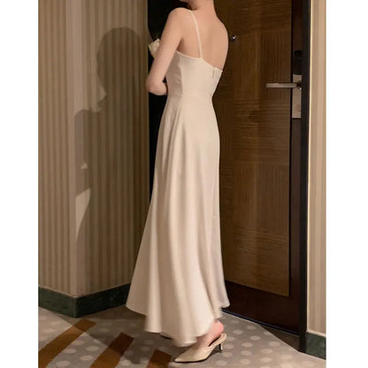 Korea Evening Party Long White Dress Elegant Solid Sleeveless Strap A Line Dress Beach Women One Piece Backless Black Dress