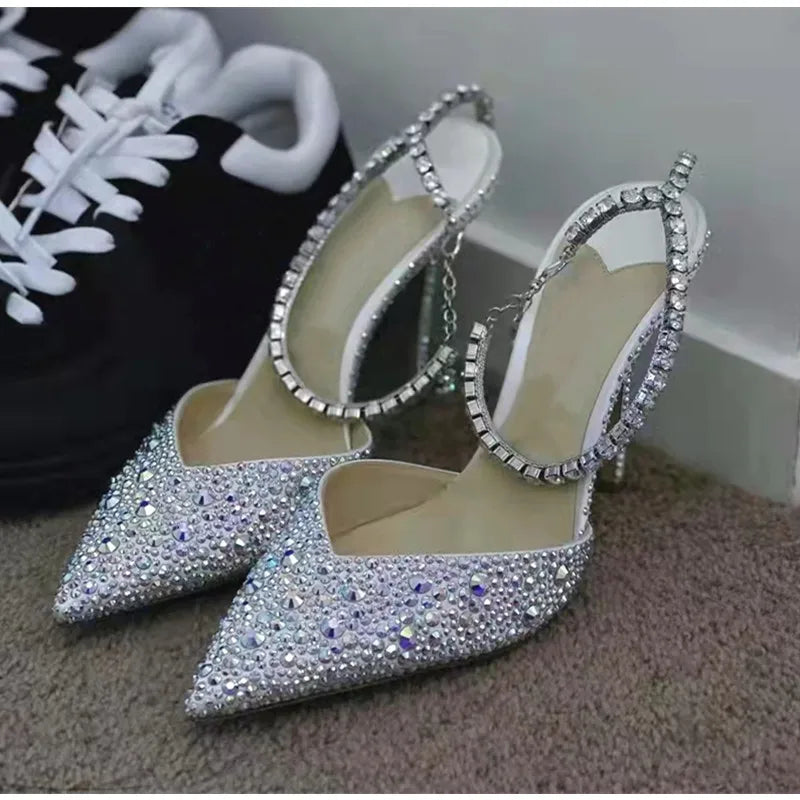 Futurecen Luxury Rhinestones Sequined Ankle Strap Women Pumps Elegant Stiletto High heels Spring Summer Fashion Crystal Wedding Prom Shoes