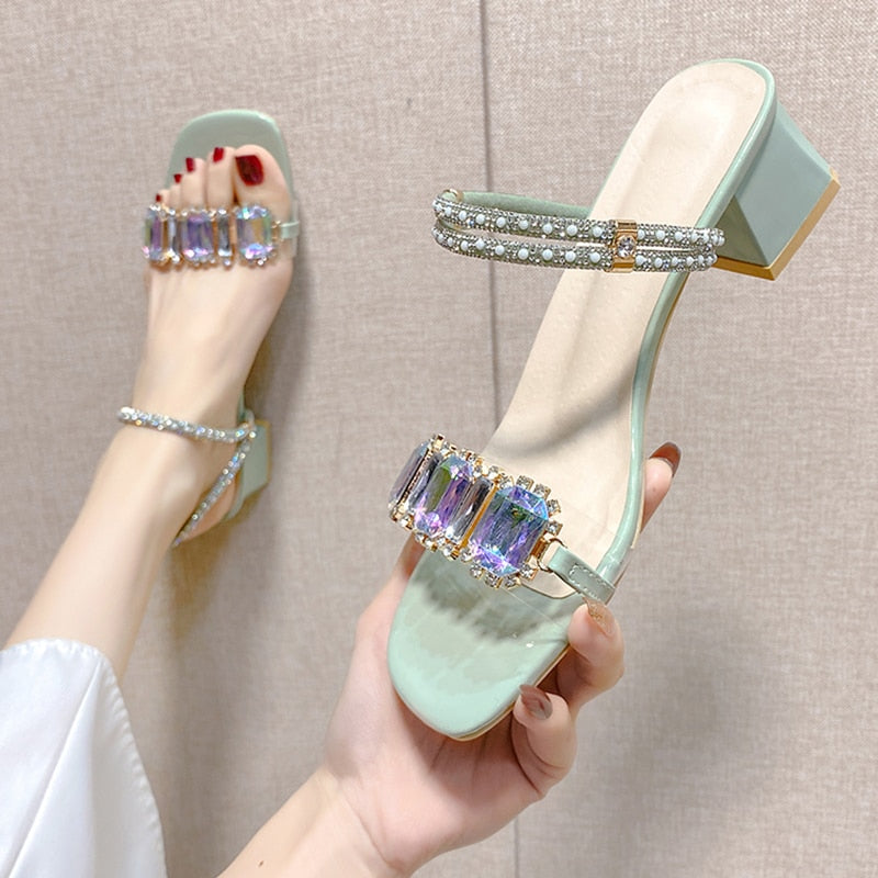 Fashion Rhinestone Sandals for Women Summer Square Heels Open Toe Slippers Woman Transparent PVC Jelly