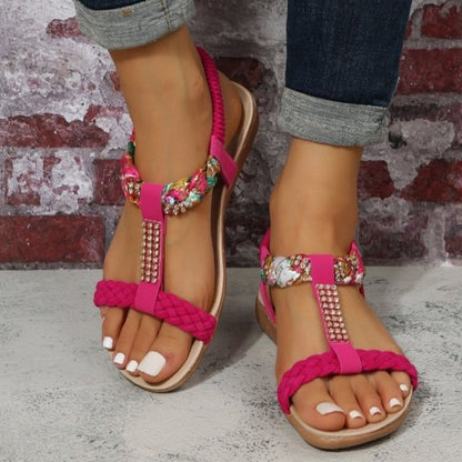 Summer Flat Sandals for Women Rhinestone Elastic Back Strap Gladiator Sandals Woman Comfortable Non Slip Beach Shoes