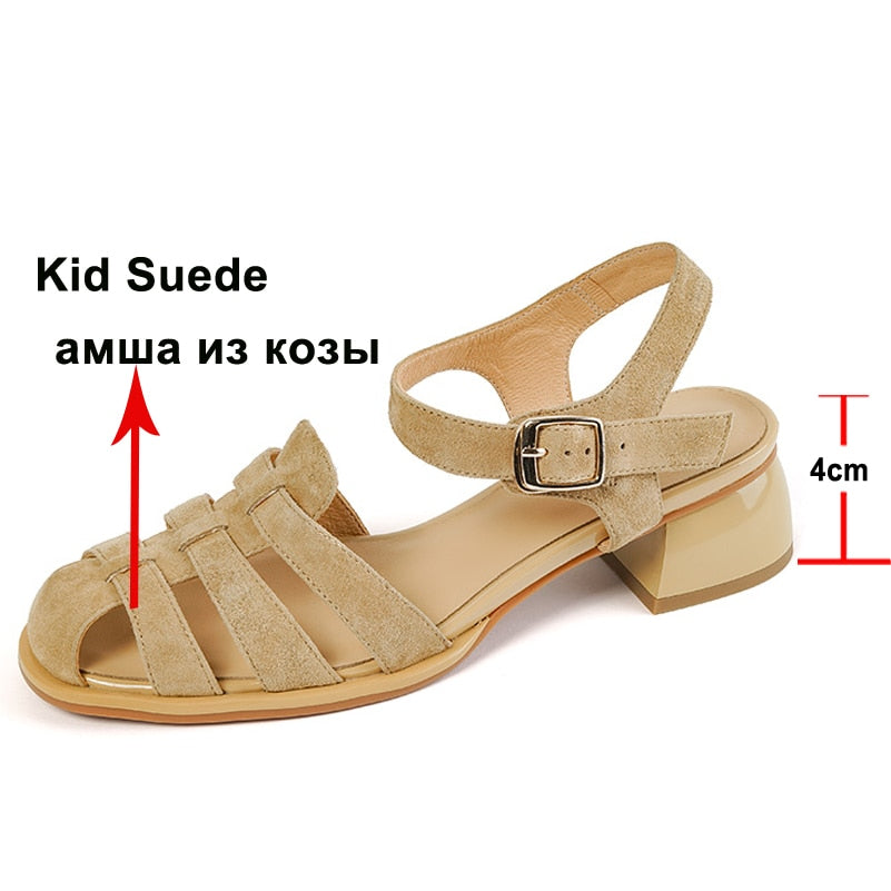 Shoes Women Genuine Leather Gladiator Sandals Thick Heel Sandals Mid Heels Buckle Kid Suede Ladies Footwear Summer Green