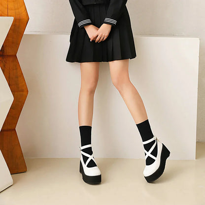 Futurecen Bowknot Lolita Shoes Platform Heels Women Pumps Japanese School JK Uniform Fashion Girl Rear Bow Tie Thick Sole Mary Jane Buckle