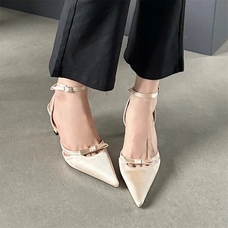 Futurecen 2024 New Design Ankle Buckle Strap Women Pumps Sandals Thin Heels Pointed Toe Shallow Slingback Mules Tacones Mujer