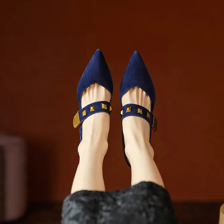 Futurecen Woman Navy Blue Suede Pumps Thin High-Heeled Buckle Slingbacks Shoes Women's Punk Studs Pumps Brown 33-40 Spring Summer