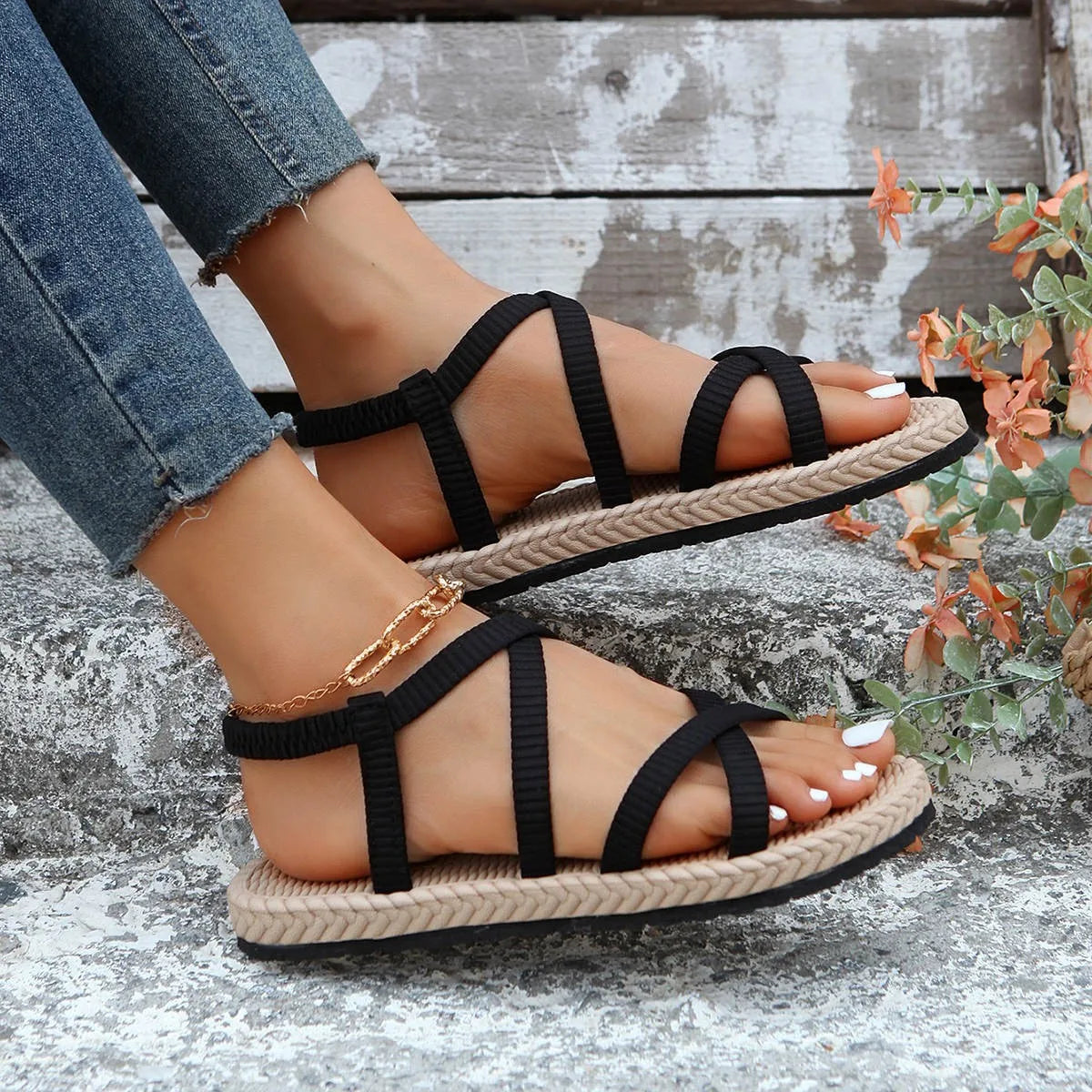 New Summer Rome Sandals Shoes Woman Cross Belt Sandals Flat Beach Sandalias Ladies Sandalia Feminina Open Toe Shoes