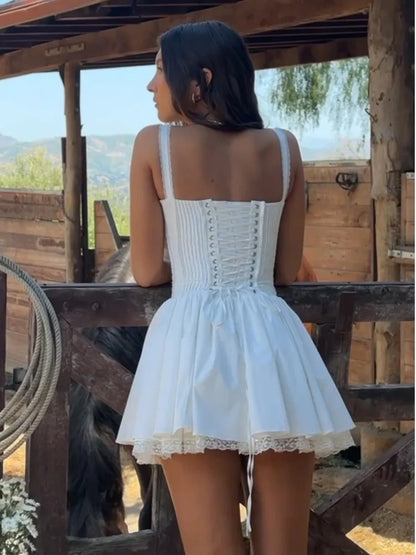 White Backless Bandage Lace Hem Mini Dress Women Sweet Chest Wrap Suspenders Pleated A-line Dresses Summer Lady Solid Vestidos