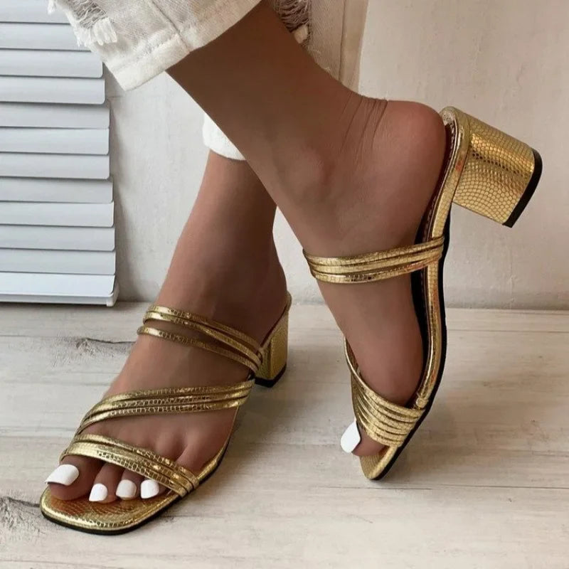 binfenxie Fashion Large 42 Thick Heel Slippers for Women Summer New Gold Strap Square Head Party Slides Outside Roman Banquet Shoes