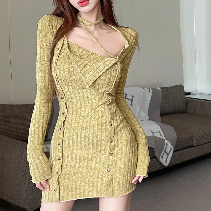 binfenxie Autumn And Winter  Irregular Knit Dress For Women Sexy Fashion New Collar Show Slim Waist Dresses Ins