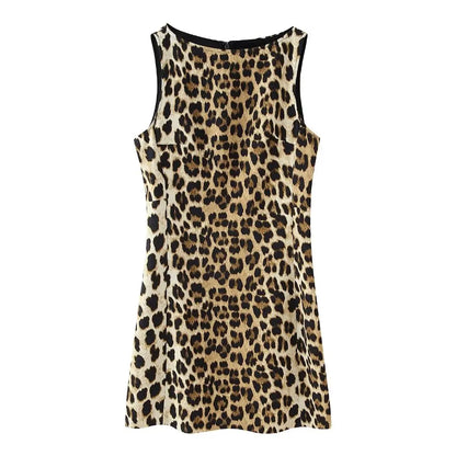 Woman Summer Fashion Leopard Print Sexy Mini Dress Vintage Women Sleeveless Zipper Folds Holiday Party Dresses Mujer