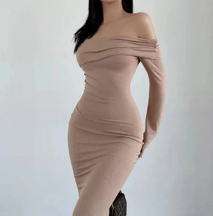 binfenxie Long Dress Y2K Long Sleeve Dress Women Clothes Off Shoulder Maxi Dress Autumn Winter Streetwear Bodycon Trumpet Black Dress