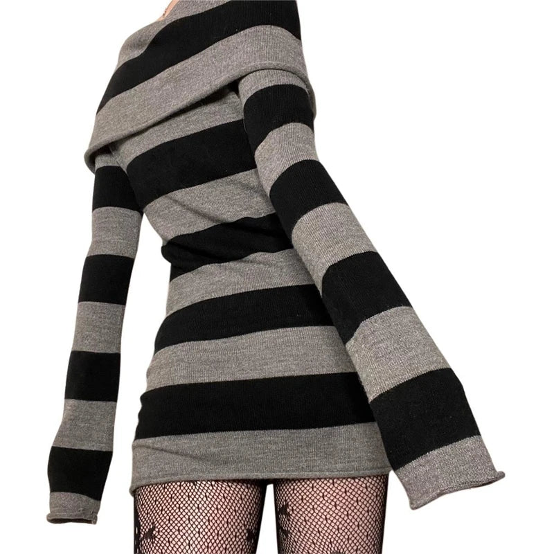 binfenxie Y2K Striped Sweater Mini Dress Mall Goth Grunge Emo Bodycon Chic Women Off Shoulder Full Sleeve Slim Fit Dresses 00s Vintage