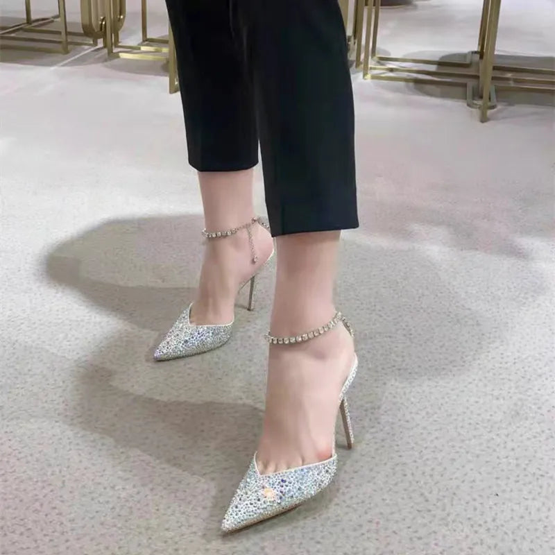 Futurecen Luxury Rhinestones Sequined Ankle Strap Women Pumps Elegant Stiletto High heels Spring Summer Fashion Crystal Wedding Prom Shoes