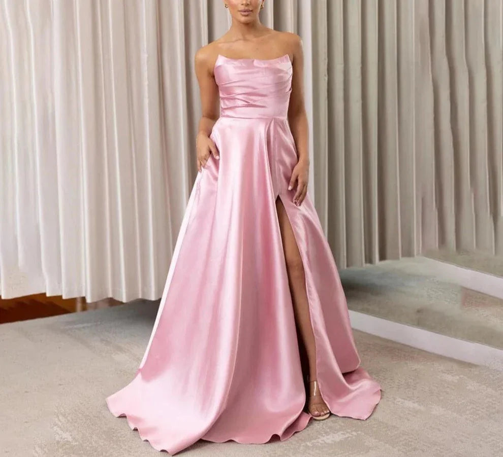 Sexy Strapless Evening Dresses For Women A Line High Side Slit Prom Dress Satin Long Formal Party Gowns robes de soirée