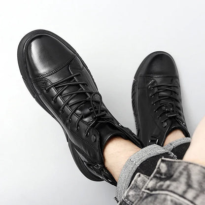 Autumn Winter Fashion Men's Ankle Boots PU Leather High Quality Comfortable Black Leather Platform Casual Shoes