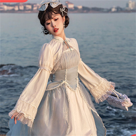 Sweet Girls Blue Bell Orchid Puff Sleeve High Waist Lolita Dress Kawaii Woman Bowknot Lace Spring Cute Vestidos