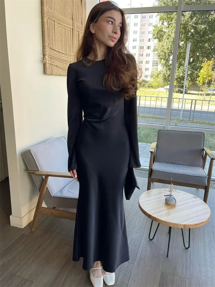 binfenxie Satin Fashion Slim Maxi Dress For Women Long Sleeve High Waist Elegant Solid Party Dress Casual Luxury Ladies Autumn Dress