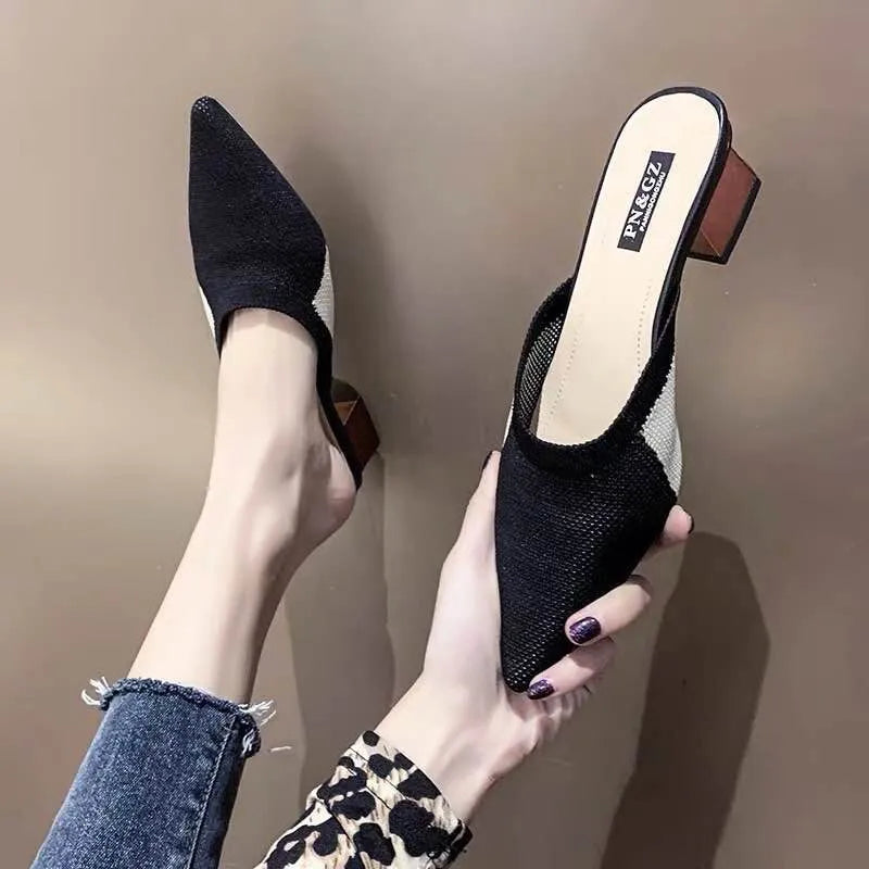 Summer with Heel Slides Pointed Toe Shoes Mules Women's Slippers and Ladies Sandals Black Outside Non Slip Korea Style 39 F