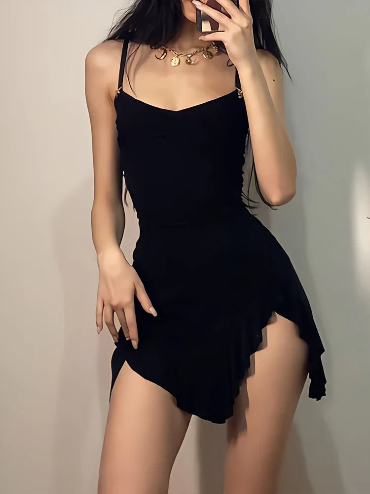 binfenxie Summer Sexy Mini Dress Women Sleeveless Strap Streetwear Backless Folds Bodycon Split Black Dress Party Elegant A-LINE Dresses