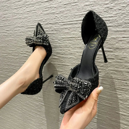 Luxury Pearl Crystal Bowtie White Wedding Shoes Women Spring Brand Designer High Heels Pumps Woman Thin Heeled Party Shoes