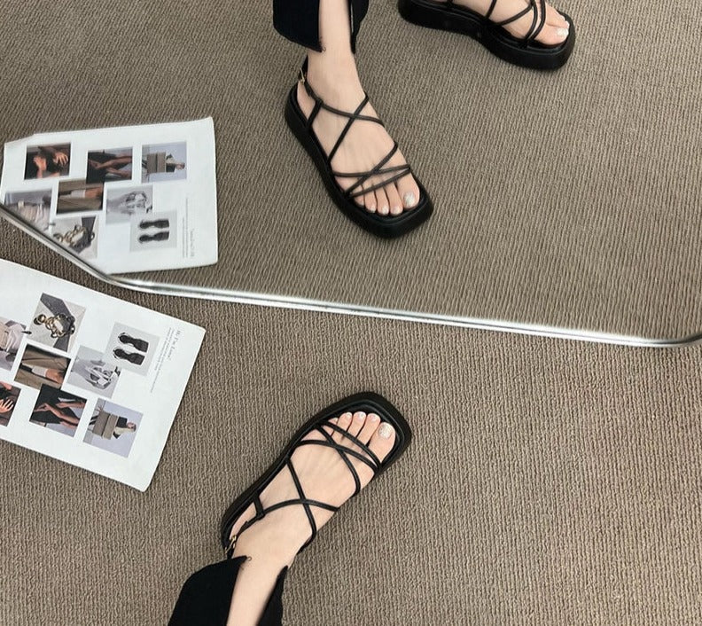 Summer New Brand Women Sandal Fashion Narrow Band Gladiator Shoes Platform Flats Heel Open Toe Dress Pumps Shoe