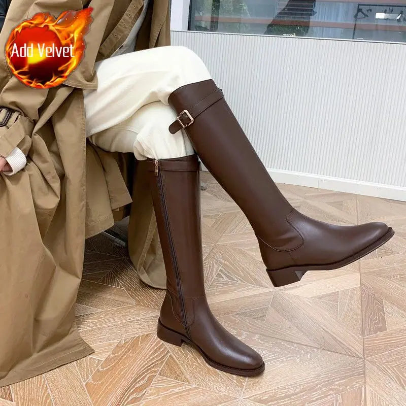 Shoes for Woman Winter Knee High Shaft Footwear Leather Women's Boots Pointed Toe Long Brown Comfortable and Elegant Hot Quality