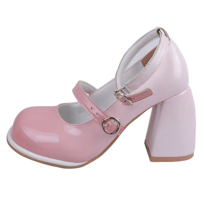 Y2K Patent Leather High Heels Pumps Women Autumn Ankle Straps Pink Lolita Shoes Woman Cute Thick Heeled Mary Janes Shoes