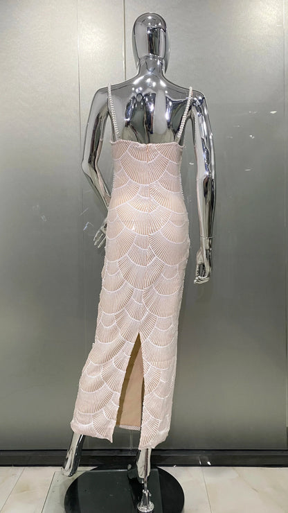 High Quality Women Sexy Pearl Beading Sequins Bodycon Mid-calf Dress Fashion Celebrate Evening Party Birthday Dress