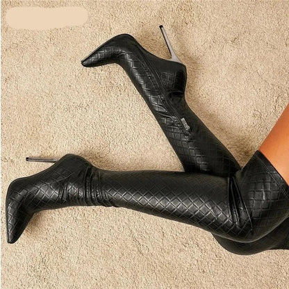 Sexy Over The Knee Boots Women Thin Heels Pointed Toe Zipper Thigh High Booties Winter Nightclub Party Stripper Shoes