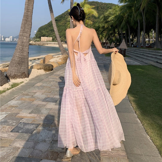 Summer Purple Maxi Halter Dress Women Long Elegant Flowy Casual Beach Dresses for Wedding Guest Bridesmaid Birthday Prom