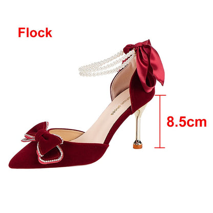 Pearl Ankle Strap Pumps Women Luxury Bowknot Red Dance Shoes Woman Sexy Pointed Toe Velvet Stiletto High Heels