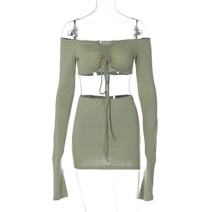 Sexy Two Piece Set Women Outfit Green Strapless Full Sleeve Crop Top And Mini Skirt Matching Sets Female Dress Set