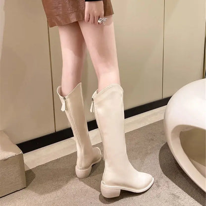 Ladies Boots Western Middle Heel Shoes For Women Pointed Toe Footwear Winter Knee High Shaft Punk Long With Stylish Y2k Pu